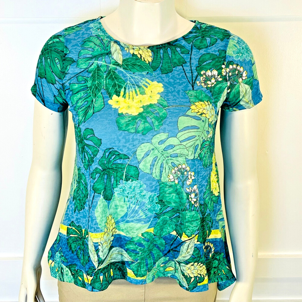 Ruby Rd. Blouse Womens Petite Small Short Sleeve Blue Green Tropical Sharkbite